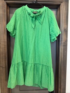 THML Bright Green Tie-Neck Ruffled Hem Dress